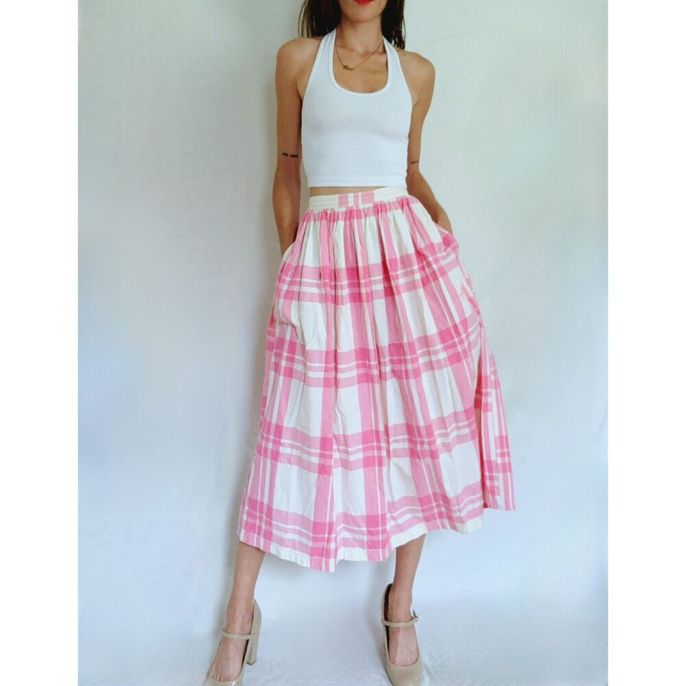 Vintage 1980s Esprit Pink Plaid Cotton Midi Skirt with Pockets: Women's XS